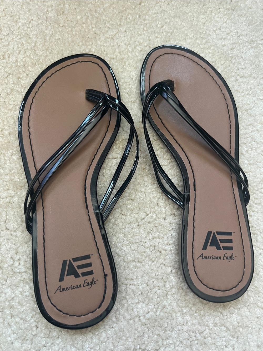 American Eagle Outfitters Black Patent Strap Brown Footbed Women's Sandals